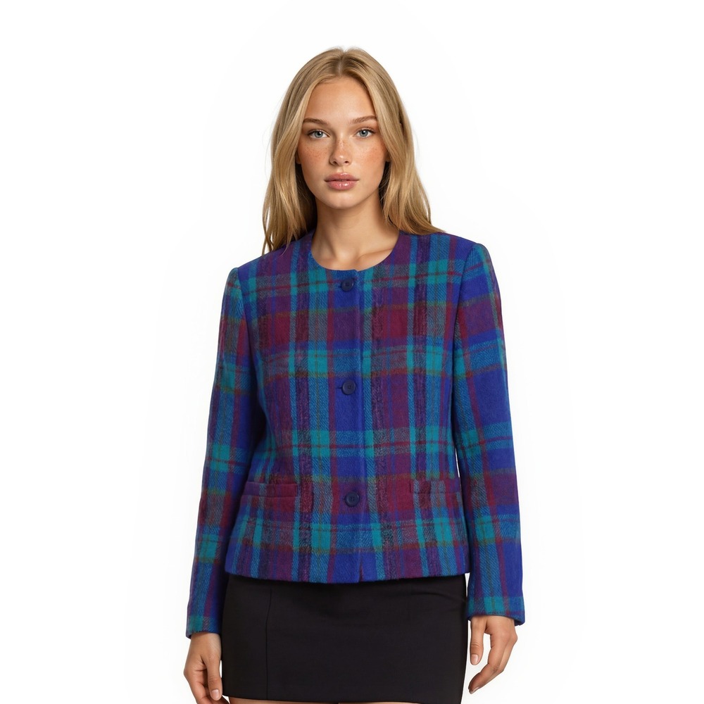 Vintage John Meyer 80s Blazer Women's Size 10 Blue Purple Teal Plaid Wool Blend
